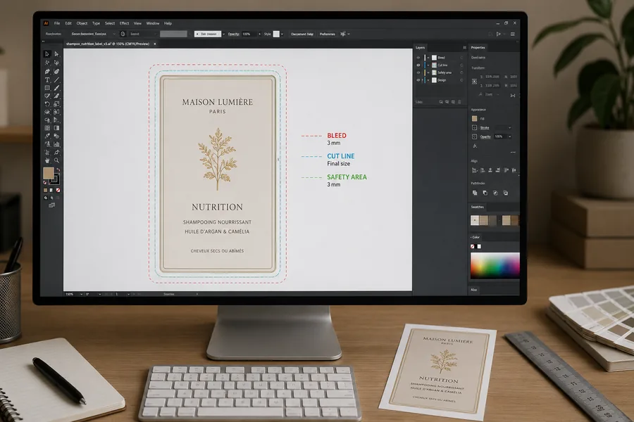 Fichiers de création et échantillons d'étiquettes posés sur un bureau de studio