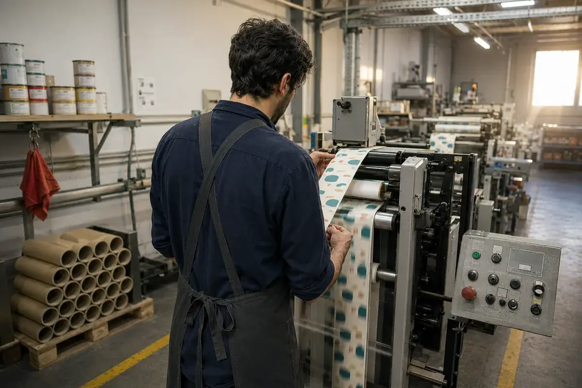 Opérateur contrôlant une bobine d'étiquettes imprimées à la sortie de presse