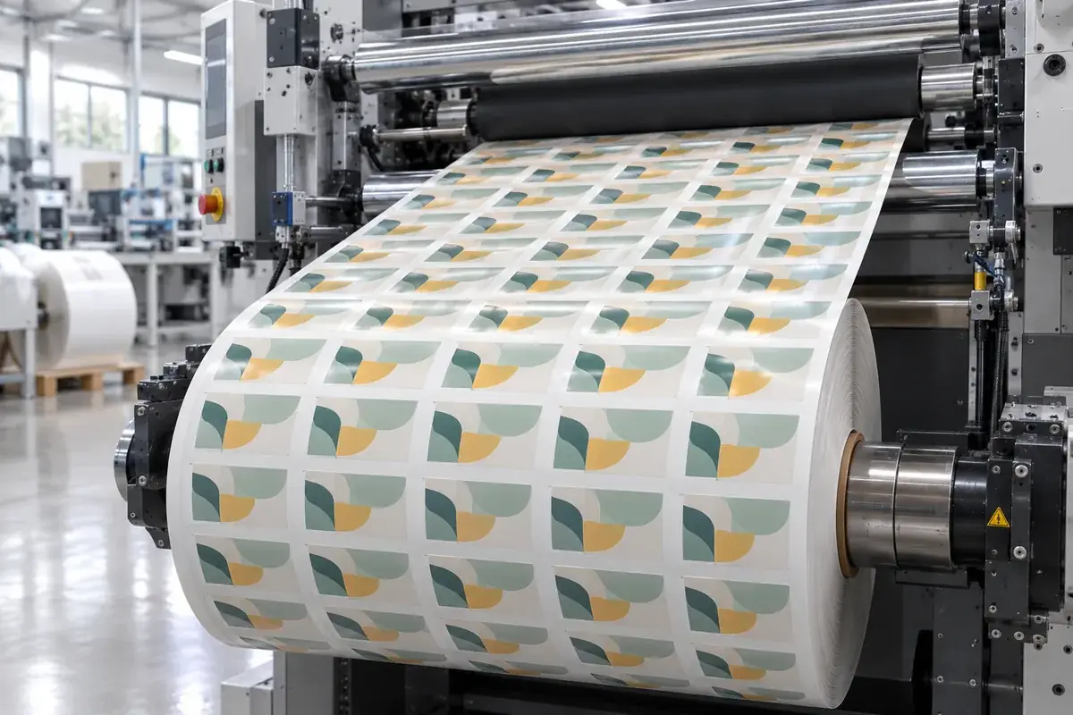 Étiquettes adhésives en sortie de presse dans l'atelier Tagsfab