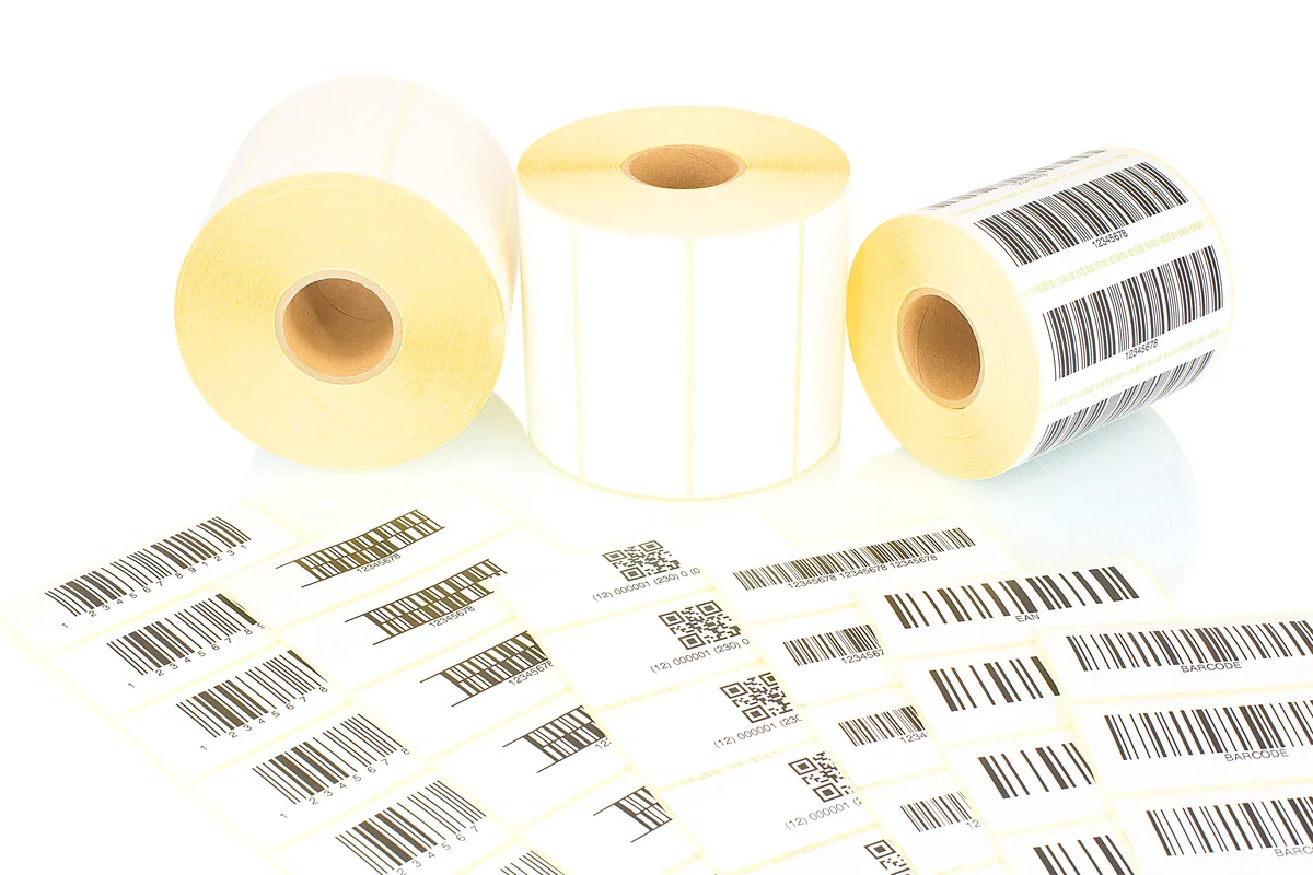 Rolls of self-adhesive labels and sheets of printed EAN, Code 128 and QR barcodes