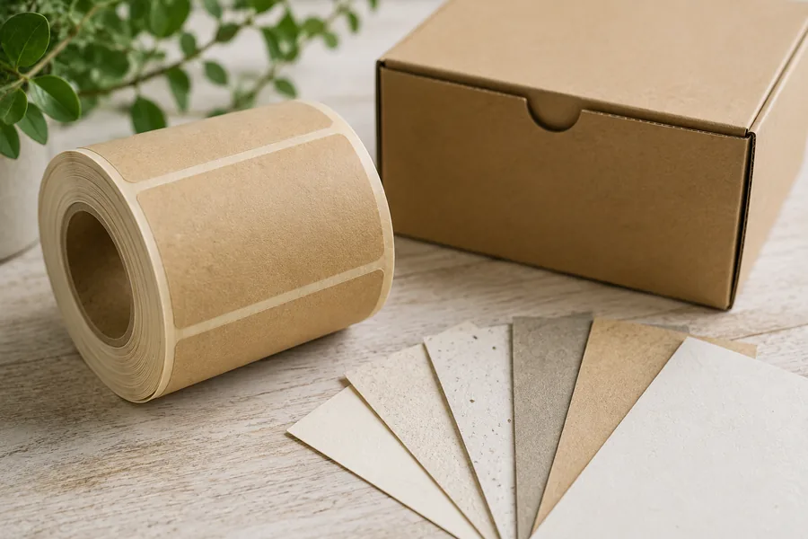 Supports d'étiquettes recyclés et en fibres végétales posés sur un établi