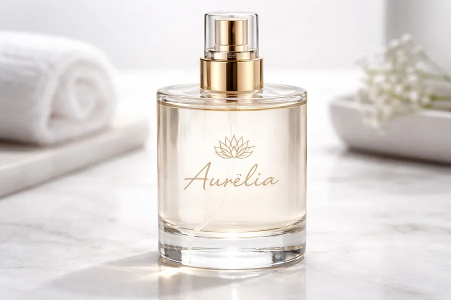 Flacon de parfum en verre avec une étiquette transparente marquée en doré