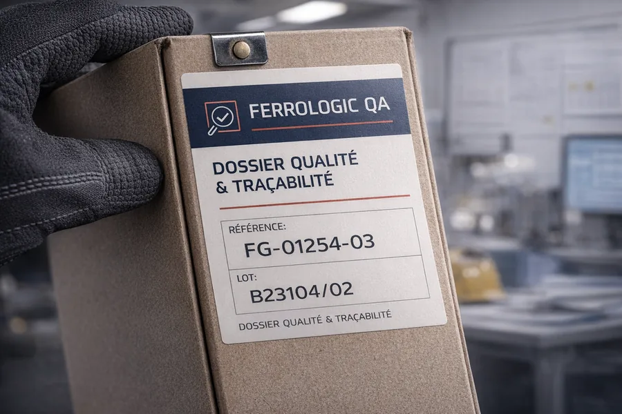 Étiquette de traçabilité avec référence et numéro de lot sur un dossier qualité
