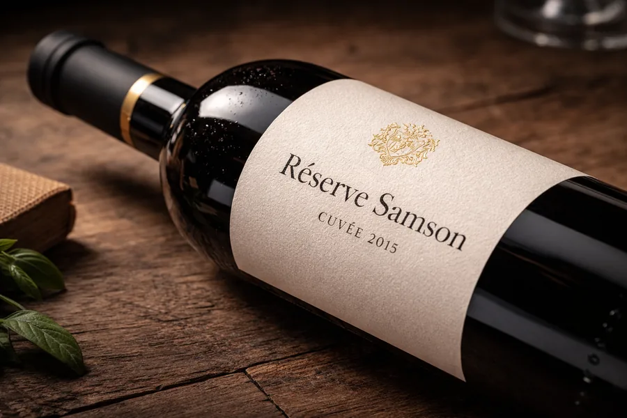 Bouteille de vin rouge avec une étiquette en papier texturé crème et un blason doré à chaud