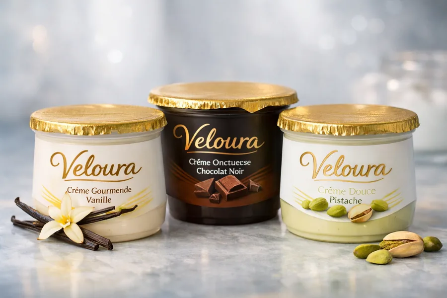Pots de crème au chocolat, à la vanille et à la pistache avec étiquettes imprimées et opercules dorés