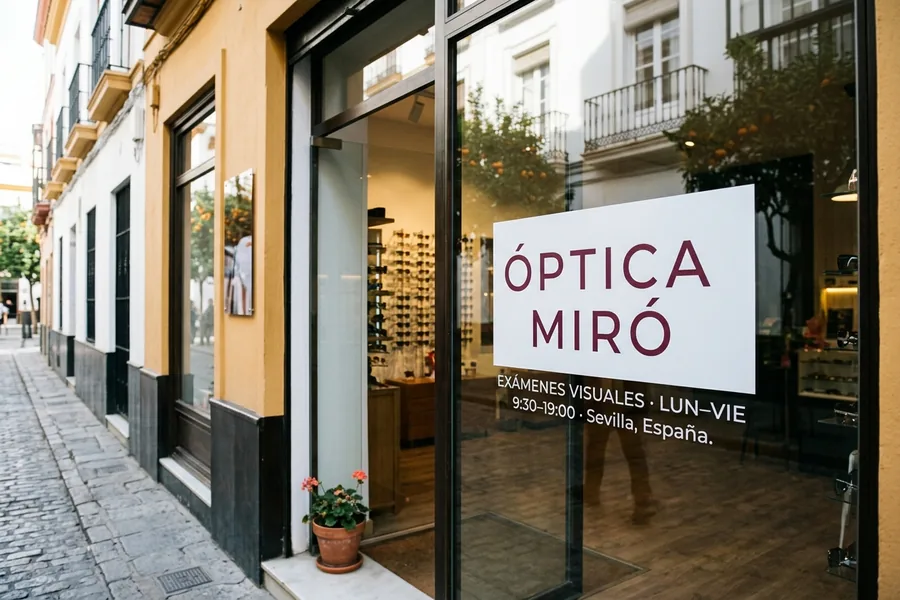 Vitrophanie imprimée en miroir sur la porte vitrée d'un opticien
