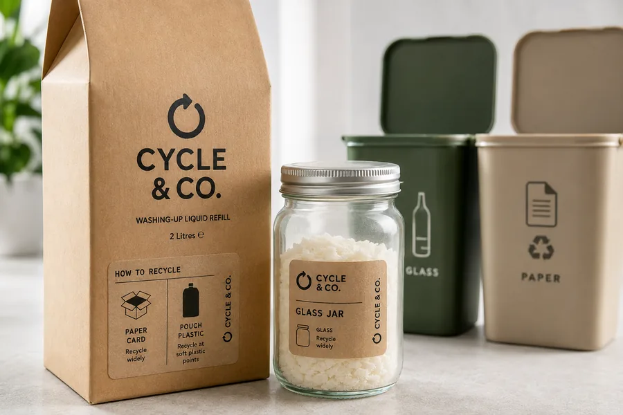 Emballage portant les consignes de tri, à côté de bacs de recyclage papier et verre