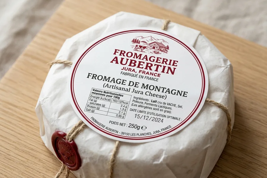 Étiquette de fromage montrant ingrédients, allergènes et tableau nutritionnel