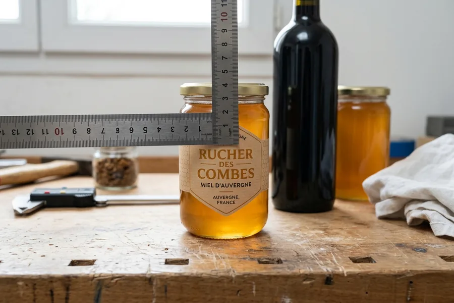 Reglas midiendo la superficie de etiquetado de un tarro de miel y de una botella de vino