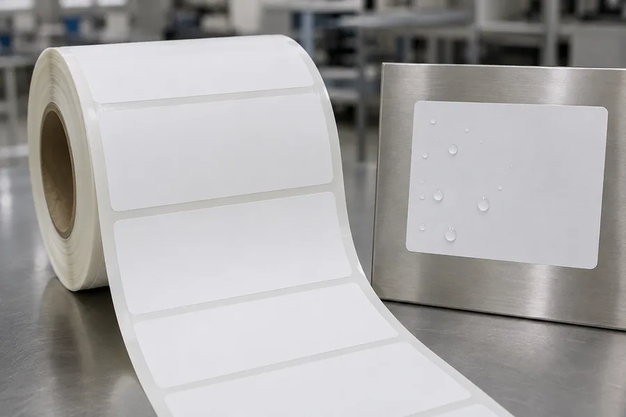 Bobine d'étiquettes polyester blanches vierges, l'eau perlant sur une étiquette posée sur une plaque d'acier