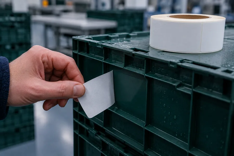 Étiquette polypropylène blanche vierge décollée proprement d'une caisse plastique, la bobine posée sur le couvercle