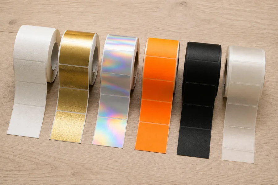 Six bobines d'étiquettes vierges : blanc texturé, or, holographique, fluo, noir et translucide