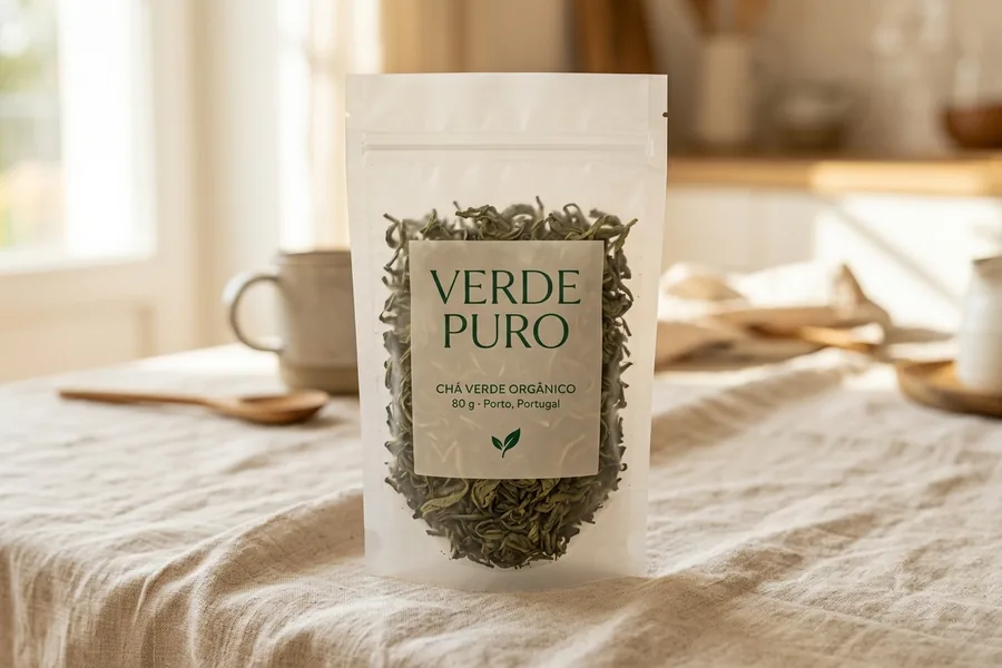 Étiquette en film cellulosique transparent sur un sachet de thé compostable