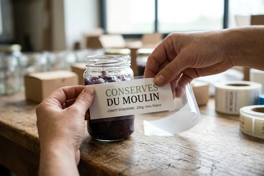 Étiquette positionnée à la main à travers son dorsal transparent
