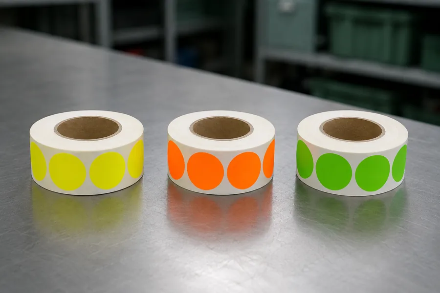 Trois bobines de pastilles fluo unies — jaune, orange et vert — sur un établi d'atelier