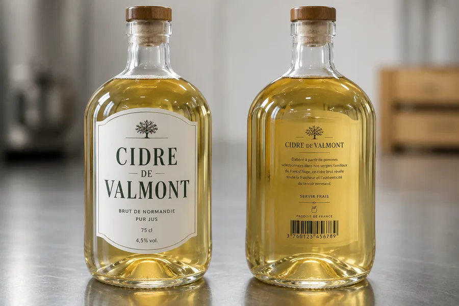 Deux bouteilles de cidre : l'étiquette de face, et le dos de la même étiquette lu à travers le verre