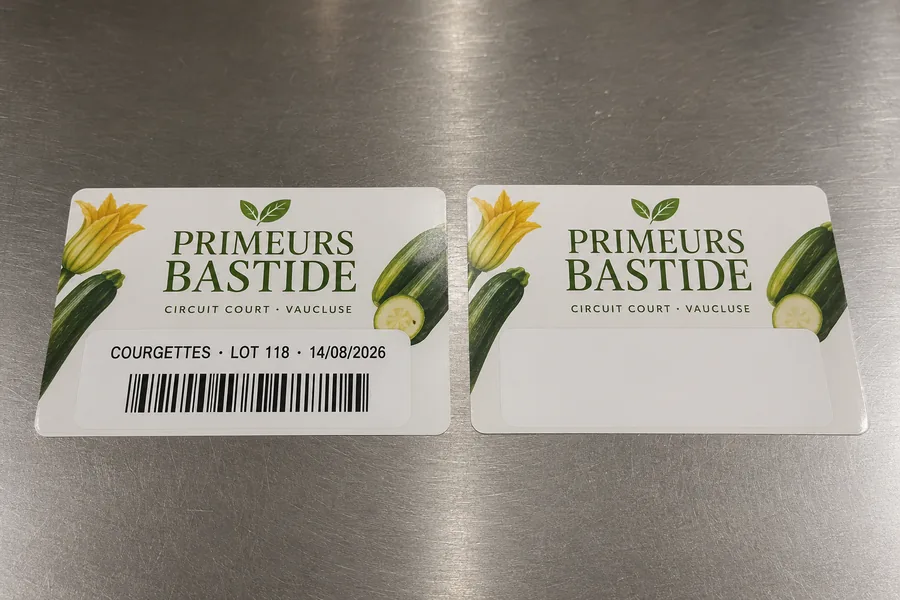 Deux étiquettes imprimées côte à côte, l'une avec sa réserve libre encore nue, l'autre repiquée du lot et de la date