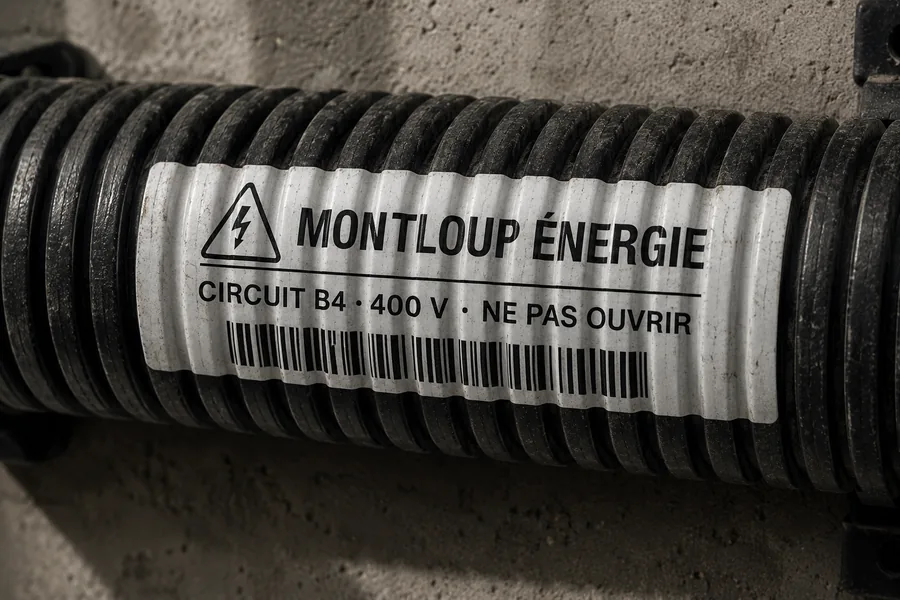 Étiquette blanche épaisse pressée dans les stries d'une goulotte noire, épousant chaque rainure