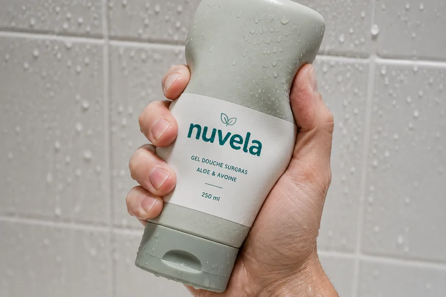 Une main pressant un flacon de gel douche, l'étiquette suivant la déformation sans marquer
