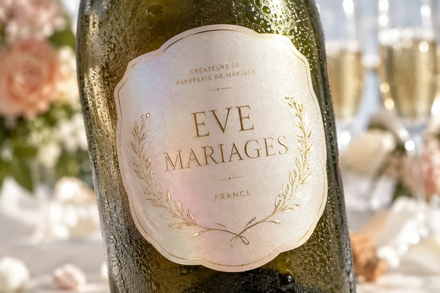 Étiquette nacrée sur une bouteille de rosé
