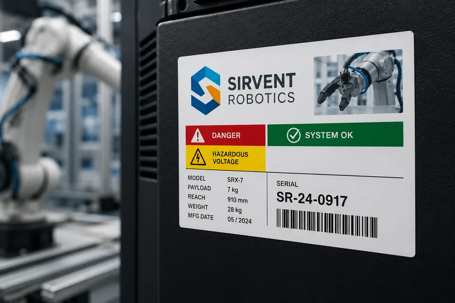 Etiqueta de poliéster blanco impresa a cuatro colores sobre el control de un robot: logotipo, pictogramas de peligro y código de barras