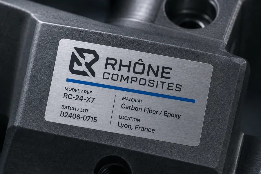 Plaque d'inventaire en aluminium brossé sur un équipement