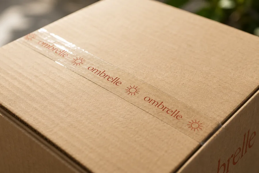 Ruban transparent imprimé fermant un carton kraft, l'impression semblant flotter sur le carton