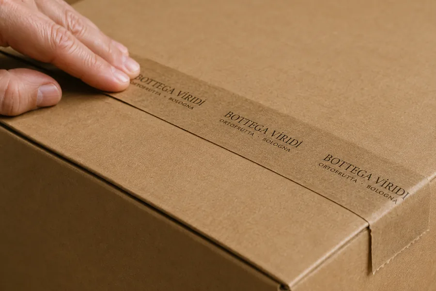 Ruban en papier kraft brun fermant un carton, ruban et carton presque de la même couleur