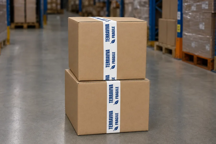 Ruban blanc imprimé fermant un carton brun, la couleur ressortant nettement