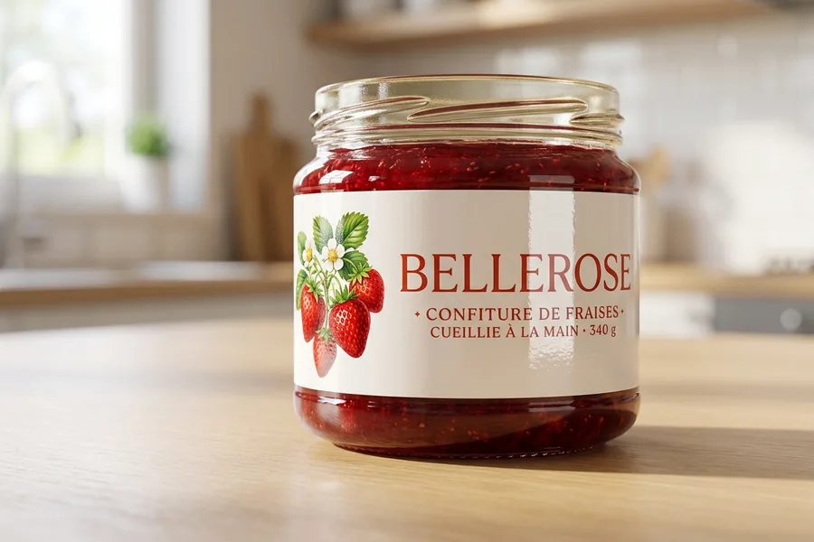 Étiquette vernie brillante sur un pot de confiture, la lumière glissant sur sa surface