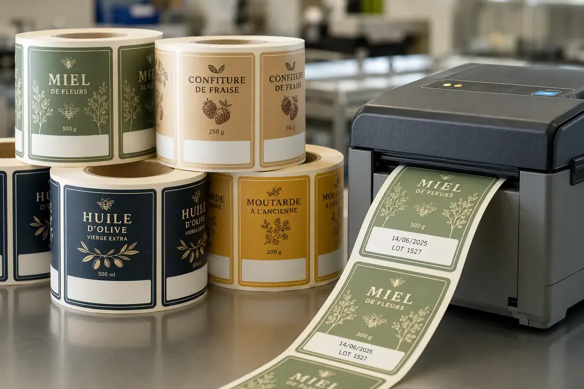Bobine pré-imprimée avec une réserve libre pour les dates et les numéros de lot