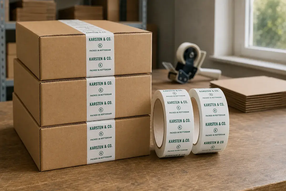 Rouleaux de ruban adhésif imprimé à côté d'un carton fermé
