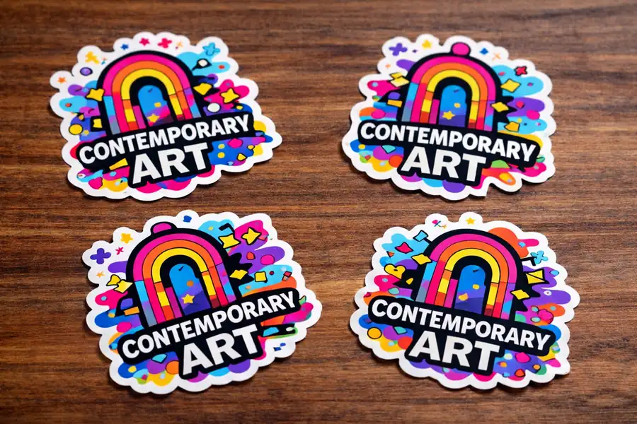 Stickers découpés à la forme, plusieurs formes posées sur un établi
