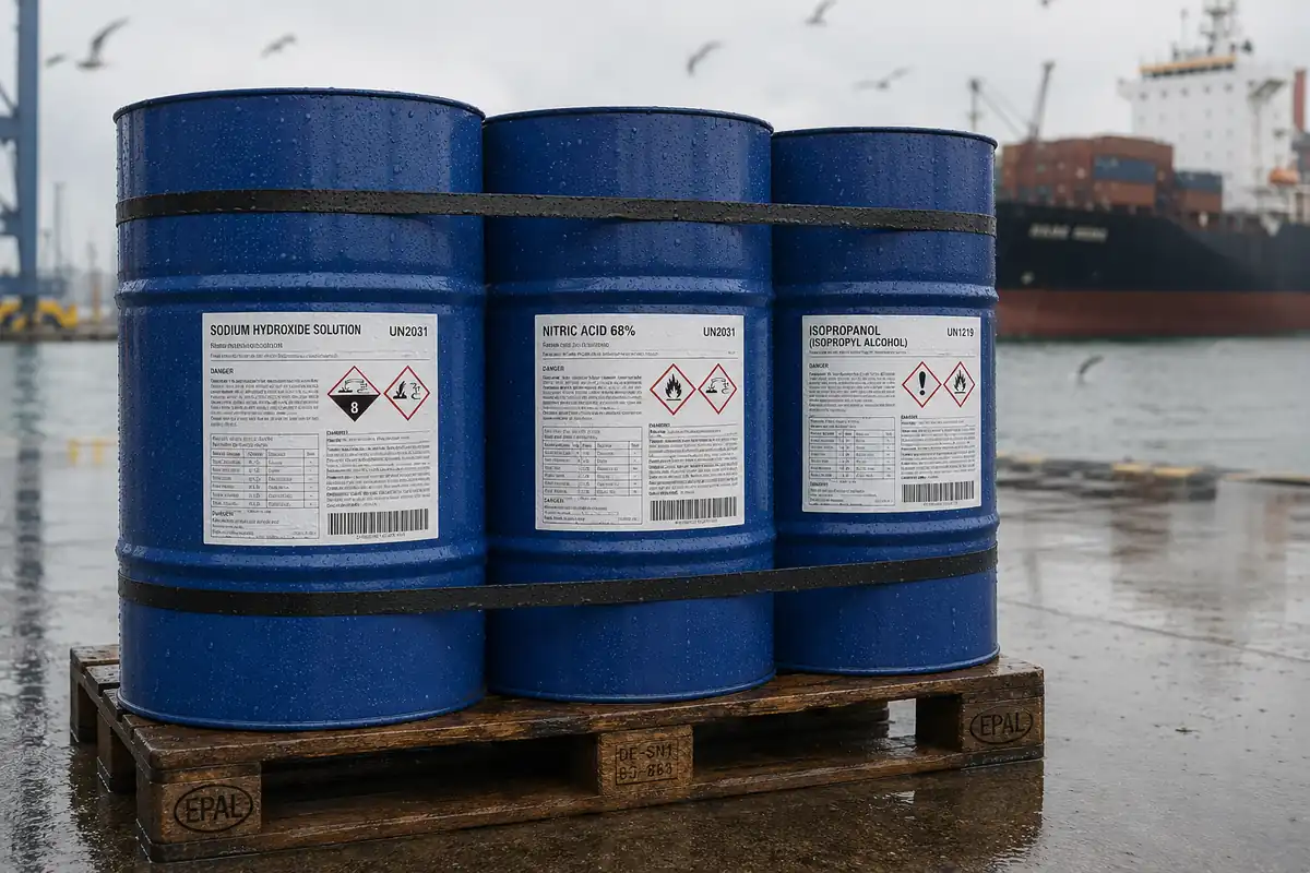 Fûts de produits chimiques sanglés sur un quai mouillé, leurs étiquettes GHS intactes sous la pluie